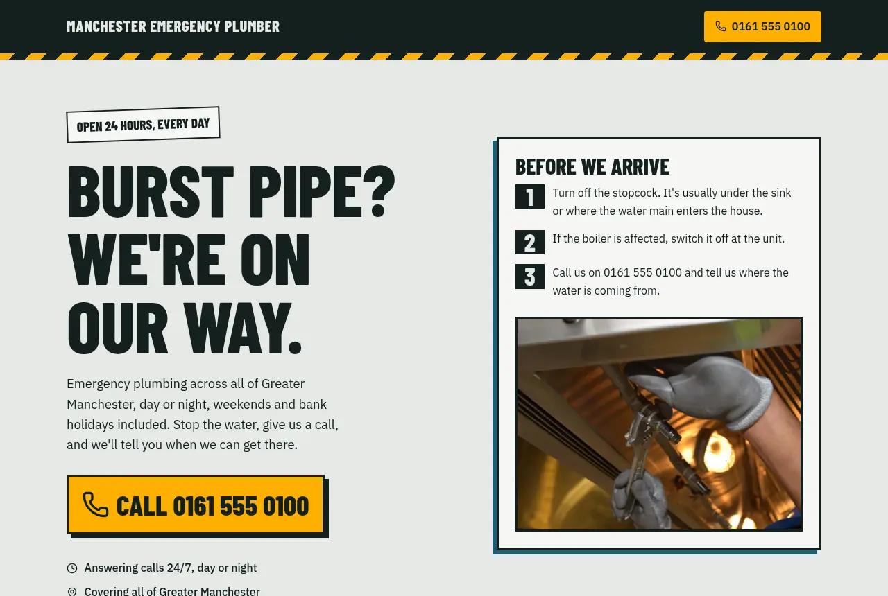 Emergency plumber website with hazard-tape stripes and a big call button