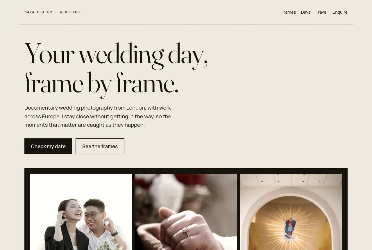 Maya Okafor's wedding photography website with a contact-sheet photo grid