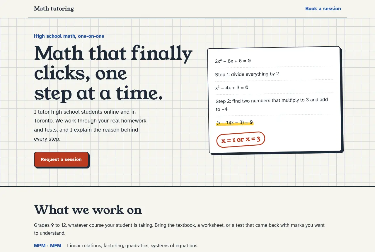 Math tutor website on graph paper with a worked equation